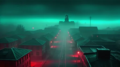 Prompt: 4k photorealistic silent hill town, intense vivid emerald teal + blood red color scheme, lots of fog, spooky, detailed buildings, eerie atmosphere, professional, atmospheric lighting, highres, ultra-detailed, horror, foggy, mysterious, intense, in the style of hr giger, vintage lens, vintage film look, film grain, vhs look