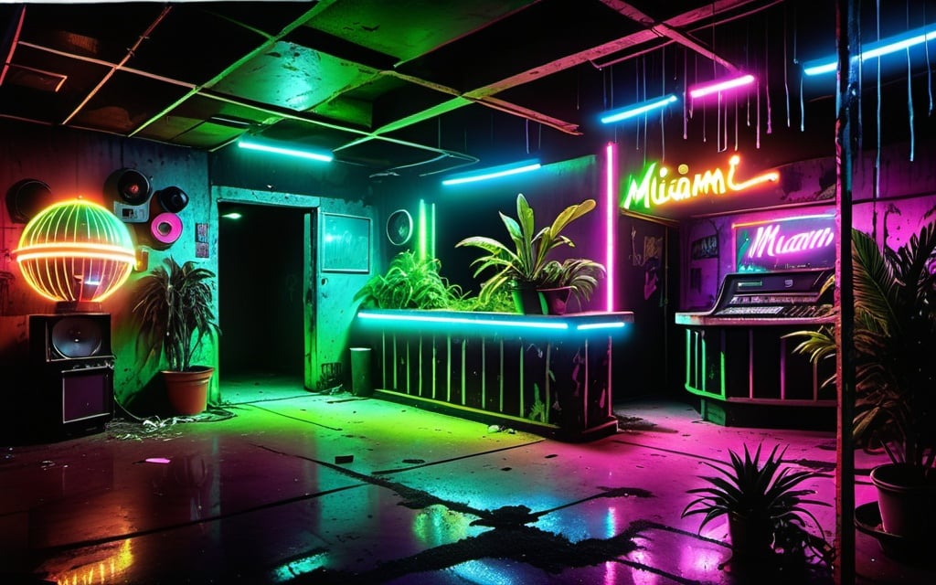 Prompt: Miami nightclub from the late 80's. No people. Attention-grabbing neon colors. 4k, lots of detail, hyper realistic. Grungier, add dirt and age to photograph. More of an authentic feel. Like a real photograph from 1988. Lower contrast. Lots of fake plants hanging from ceiling. Disco ball. Concrete walls. Fog. 