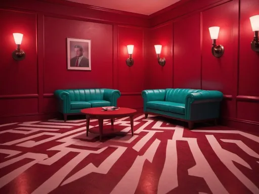 Prompt: Vivid teal color scheme, hyper realistic red room from Twin Peaks, 4k, lots of detail, hyper realistic style, atmospheric lighting, realistic portrayal, detailed props, high quality, vivid color, detailed textures, detailed shadows, surrealistic atmosphere, Twin Peaks, strong visual impact, detailed interior, professional, cinematic realism