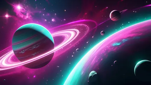 Prompt: (vivid magenta space scene), planets with (multiple rings) in the background, stars streaming toward the observer with dynamic motion, enhanced bokeh effects, (ultra-detailed), (4K resolution), deep contrasts with splashes of (teal highlights), cosmic atmosphere filled with depth and wonder, (cinematic view), magical and enchanting ambiance, showcasing the vastness of space in stunning clarity.