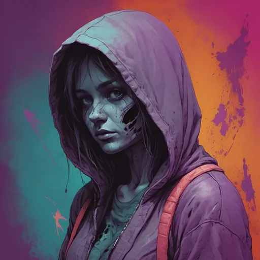 Prompt: half woman half skesis hooded figure turned away from camera, analog horror ghost silent hill, can't see face, hidden, dirty, lots of debris, creepy, disturbing, terrifying, bloody, vector art style, vivid violet, pink and teal color scheme, lots of detail, 4k, insane detail, orange background