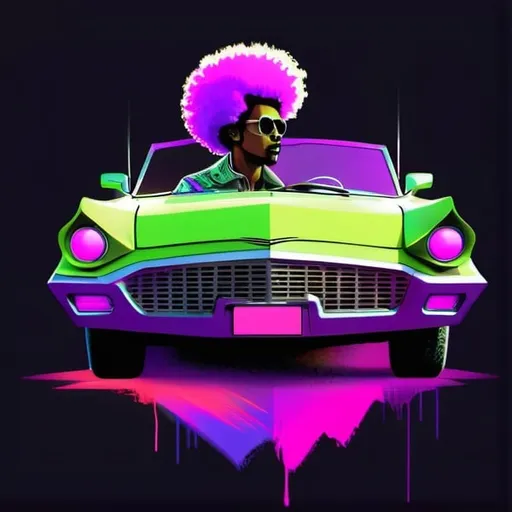 Prompt: Graffiti style. A man with an afro headed to a disco. He is driving in a convertible thunderbird with the top down and a black synthesizer hanging out of the backseat. Black background. Digital glitches. Overall 80's vibe. Violet, pink and lime green color scheme.