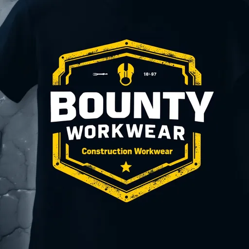 Prompt: Workwear clothing ,


"Design a T-shirt graphic for 'Bounty Workwear,' a construction workwear brand. The graphic should feature the brand name in a bold, industrial-style font. Use a shield or badge shape to frame the design, giving it a rugged, protective feel. Focus on strong, clean lines and a minimalist aesthetic. The T-shirt should be in a dark color like navy or charcoal, with the logo in a contrasting color such as white or bright yellow for high visibility. The overall design should convey strength, durability, and professionalism without using any tools or construction equipment imagery."
