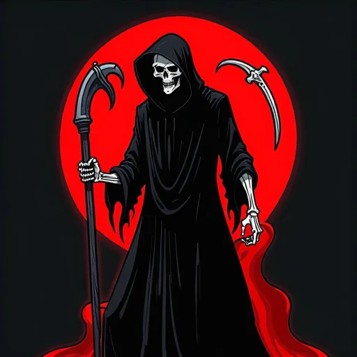 Prompt: HUGE zoomed in red outlined all black grim reaper floating with no lower body SCARY