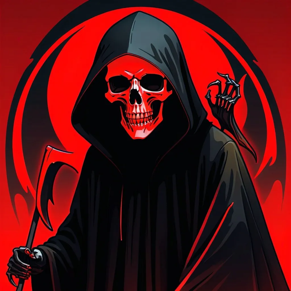 Prompt: zoomed in red outlined faceless all black grim reaper with floating with no lower body huge