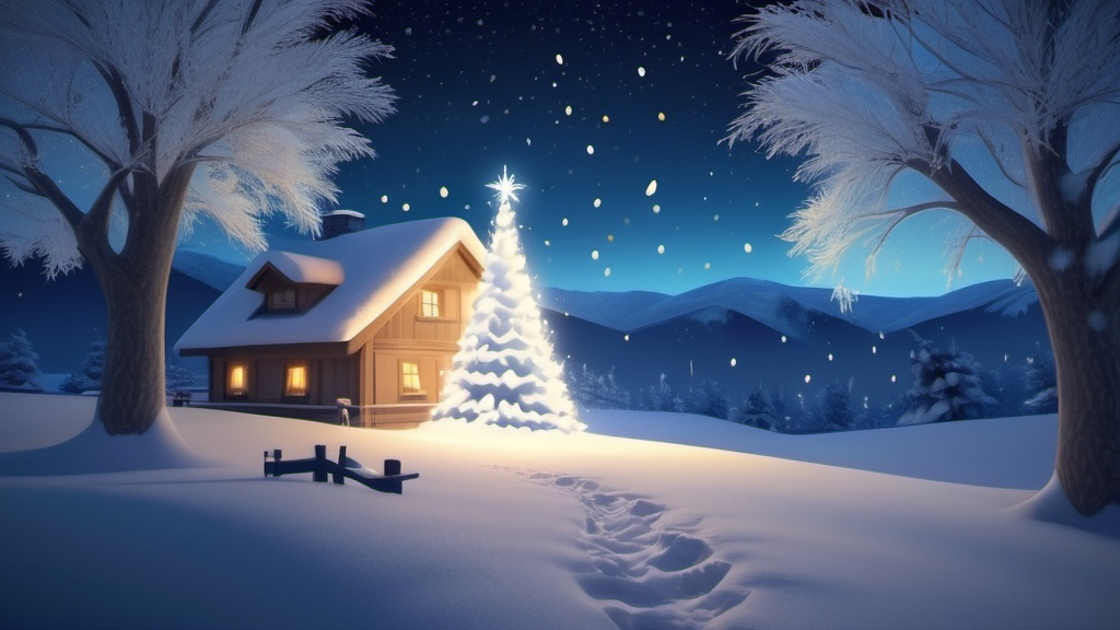 Prompt: (New Year's background), (natural snow), (beautifully decorated New Year tree), magical nighttime atmosphere, soft glowing lights reflecting off the snow, serene winter landscape, (highly detailed), enchanting ambiance, cool blue and white tones, twinkling stars overhead, peaceful and festive vibe, (4K resolution), inviting and warm feel in a cozy winter setting.