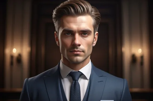 Prompt: (ultra-detailed portrait) of a man, strong features, confident expression, wearing a tailored suit, (professional) appearance, (elegantly styled hair), (warm, sophisticated lighting), (detailed background of an upscale environment), capturing a sense of integrity and confidence, (high quality, 4K) realism.