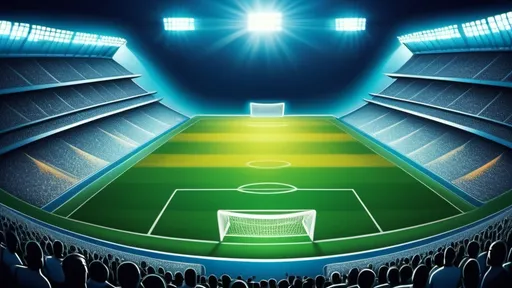 Prompt: (vibrant football background), lush green grass, dynamic action, intense atmosphere, (illuminated stadium lights), cheering crowd, blue sky overhead, (high-definition), dramatic shadows, energetic vibe, textured turf, beautifully designed goalposts, aesthetic football detail, engaging composition, vivid colors