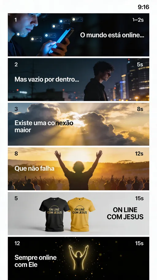 Prompt: Create a 15-second cinematic vertical video (9:16), emotional and inspirational tone.

Scene 1 (0–2s):
Close-up of a person scrolling a smartphone in a dark environment, face illuminated by blue light, fast cuts, notifications popping, cinematic lighting, modern digital overload feeling.

Scene 2 (2–5s):
Lonely person looking empty and thoughtful in a city at night, slow motion, reflective mood, shallow depth of field, emotional tone.

Scene 3 (5–8s):
Dramatic sky with sunlight breaking through clouds, strong golden rays, divine atmosphere, cinematic, high contrast.

Scene 4 (8–12s):
Silhouette of a person raising hands in worship at sunrise, warm golden light, slow motion, emotional and powerful.

Scene 5 (12–15s):
Clean studio shot of modern black and yellow t-shirts with minimalist design reading "ON LINE COM JESUS", premium lighting, smooth camera movement.

Final frame:
Minimal glowing logo of a person worshiping (arms raised) centered, black background with golden light particles.

Add on-screen text in Portuguese:

0–2s: "O mundo está online…"
2–5s: "Mas vazio por dentro…"
5–8s: "Existe uma conexão maior"
8–12s: "Que não falha"
12–15s: "ON LINE COM JESUS"
Final line: "Sempre online com Ele"

Style:
Cinematic, high contrast, modern, emotional, spiritual, premium quality, smooth transitions, subtle glow effects.

Music:
Emotional cinematic build, starting soft and rising to a powerful ending.

Camera:
Slow motion, soft zooms, dynamic cuts.

Lighting:
Dark to light transition symbolizing transformation.