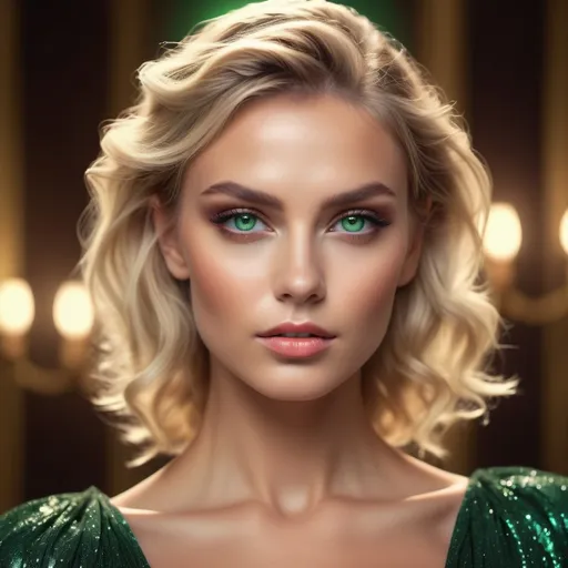 Prompt: (vivid portrait of a beautiful blonde woman), intense green eyes, high cheekbones, glamorous makeup, (dramatic lighting), sparkling backdrop, elegant hairstyle, (highly detailed), soft skin texture, radiant with confidence, stylish outfit, captivating expressions, dreamy atmosphere, (4K quality).