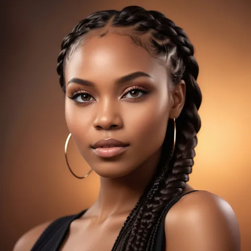 Prompt: (stunning black woman), (long braids), (high cheekbones), (warm eyes), beautiful facial features, captivating expression, soft natural light, warm color tones, elegant background, powerful yet graceful pose, emphasis on dignity and strength, ultra-detailed, high resolution, portrait showcasing beauty and confidence