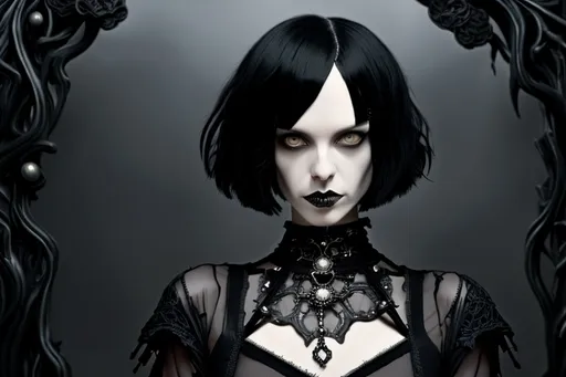 Prompt: young emo woman, (black bob haircut), (grey eyes), Tim Burton vibe, gothic style clothing, expressive facial features, whimsical surroundings, dark atmosphere, high contrast lighting, eerie elegance, dramatic shadows, stylish accessories like chunky rings and piercings, vibrant details in a muted color palette, ultra-detailed, 4K quality, enchanting fantasy elements, unique character design