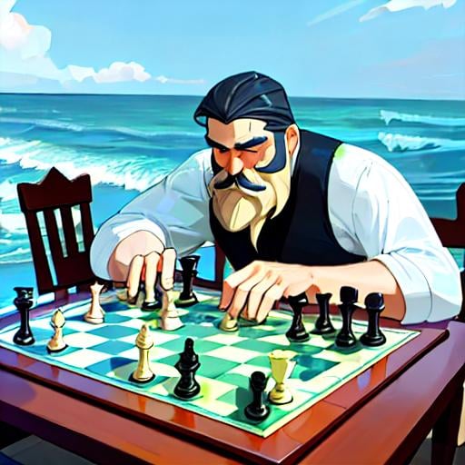 Prompt: Guy with moustache  is playing chess board near the ocean