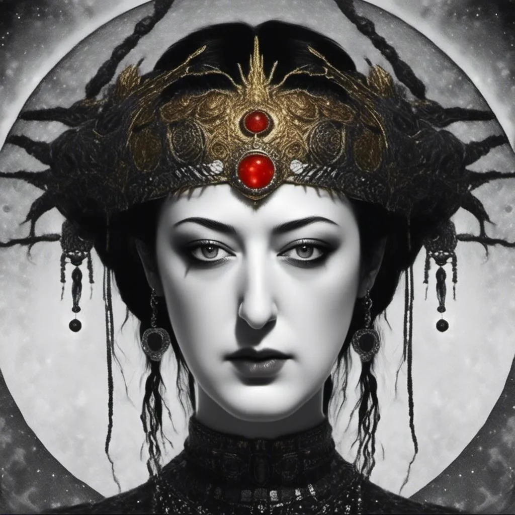 Prompt: <mymodel> <mymodel>a black and white photo of a woman with hathor crown on her head and a gold red sun in the background, Android Jones, gothic art, trending on art station, a charcoal drawing