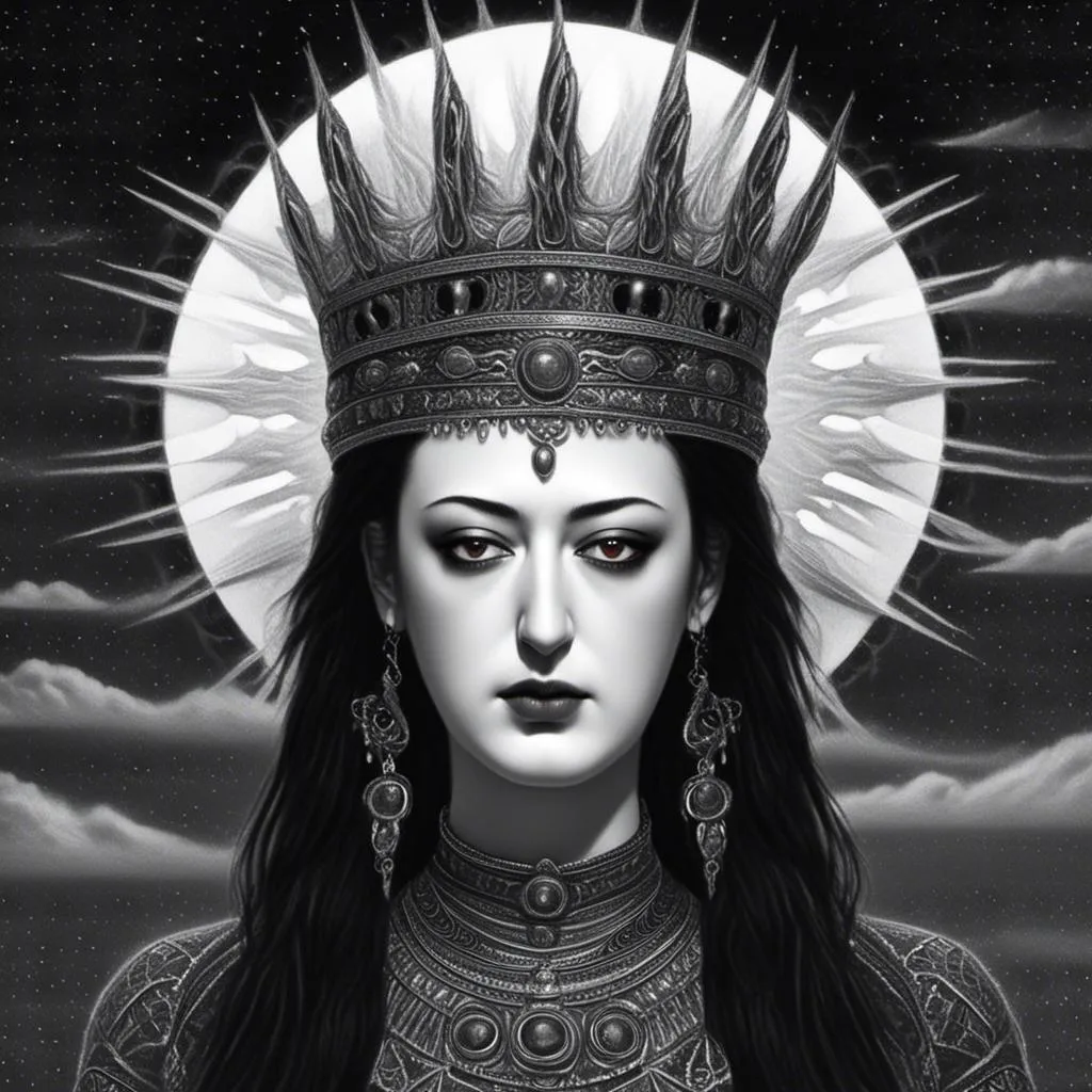 Prompt: <mymodel> <mymodel>a black and white photo of a woman with hathor crown on her head and a gold red sun in the background, Android Jones, gothic art, trending on art station, a charcoal drawing