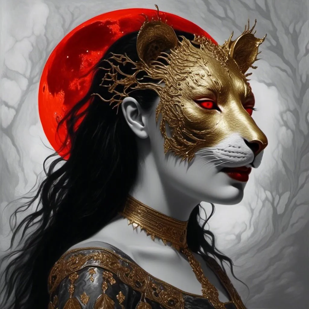 Prompt: <mymodel> <mymodel>a black and white photo of a woman with a gold lioness mask  on her head and a gold red sun in the background, Android Jones, gothic art, trending on art station, a charcoal drawing