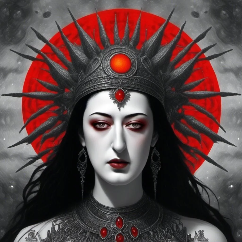 Prompt: <mymodel> <mymodel>a black and white photo of a woman with hathor crown on her head and a gold red sun in the background, Android Jones, gothic art, trending on art station, a charcoal drawing