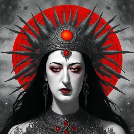 Prompt: <mymodel> <mymodel>a black and white photo of a woman with hathor crown on her head and a gold red sun in the background, Android Jones, gothic art, trending on art station, a charcoal drawing