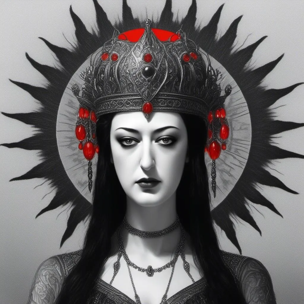 Prompt: <mymodel> <mymodel>a black and white photo of a woman with hathor crown on her head and a gold red sun in the background, Android Jones, gothic art, trending on art station, a charcoal drawing