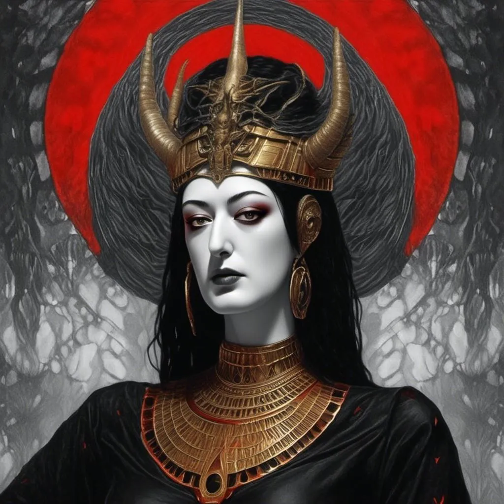 Prompt: <mymodel> <mymodel>a black and white photo of a woman with egyptian hathor crown with two horns on her head and a gold red sun in the background, Android Jones, gothic art, trending on art station, a charcoal drawing