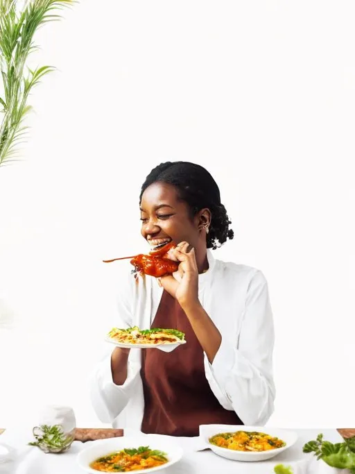 Prompt: A woman happily eating his favorite meal in a restaurant surrounded by beautiful plants. The image include the woman holding the sauce below on her hand. 