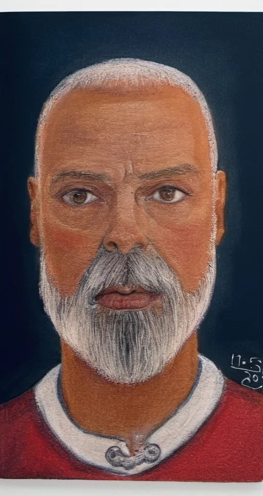 Prompt: a drawing of a man with a beard and a red shirt on a black background with a name tag, Francesco Clemente, serial art, highly detailed portrait, a color pencil sketch