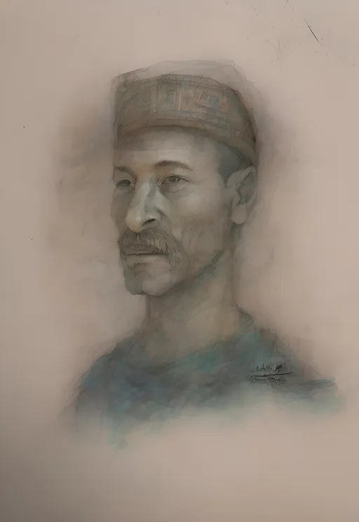 Prompt: a drawing of a man with a mustache and a hat on his head,, Egyptian peasant in serial art, sketch, a color pencil sketch