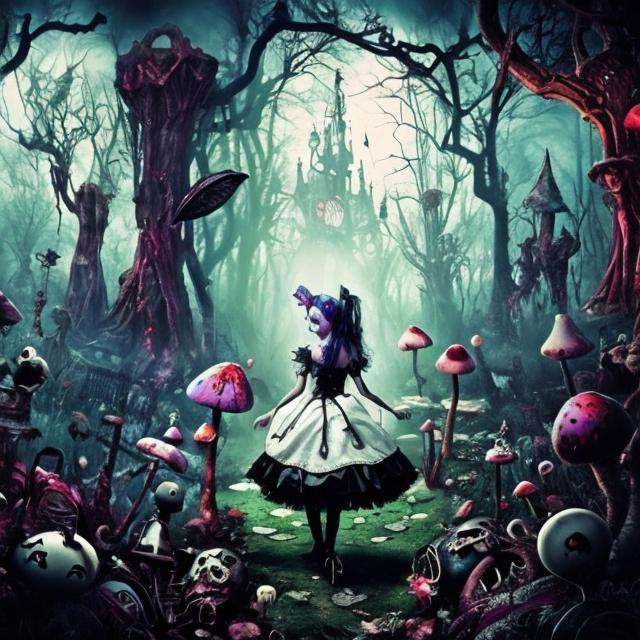 Prompt: alice in wonderland cyberpunk goth 1080p resolution gothic horror
