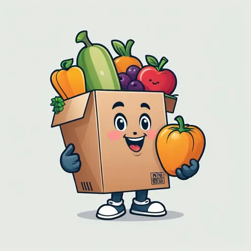 Prompt: Design a logo featuring a friendly mascot character holding a delivery box filled with fruits and vegetables. Include the text 'Aweer Connect' below the mascot, using a playful and approachable font