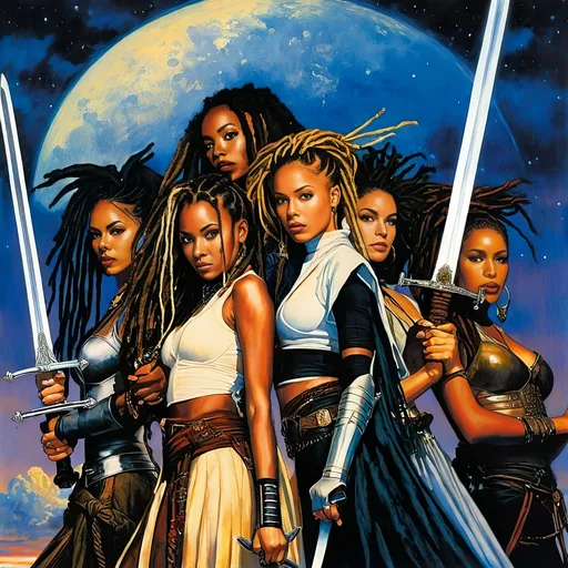Prompt: a painting of four women holding swords in their hands and wearing dreadlocks, with a sky background, Drew Struzan, afrofuturism, comic cover art, an album cover