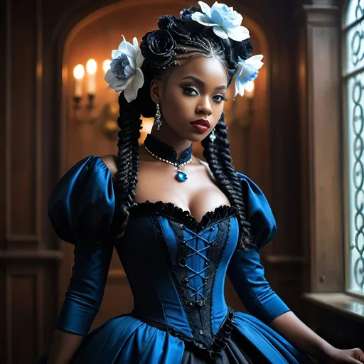 Prompt: <mymodel> The Blue Queen 2d dark j horror anime style, boy, anime scene Glamour photography a beautiful young african woman with a victorian era black, red, blue puffy ballroom gown dress and a flower in her hair and a black rose, white magnolia's in her hair long flowing beautiful goddess braids, full body hourglass figure Bastien L. Deharme, fantasy art, dark fantasy art, a character portrait in the style of Guy Aroch captured with soft focus and muted colors typical of early film photography, 3d, photo