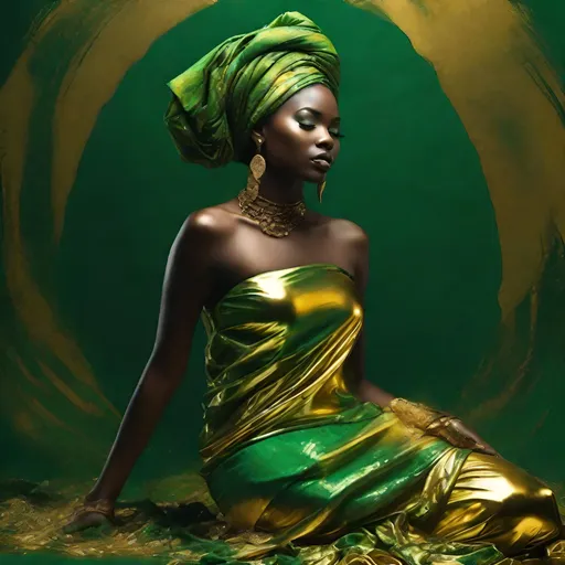 Prompt: full body melting covered in melted gold, beautiful young african women, exotic smokey green dark fantasy background, hyper detailed, hyper realistic, dynamic

