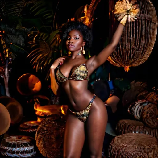 Prompt: a beautiful dark skin african ameican women, hourglass figure, round cushioned rump, exotic background, full body standing in a blowing kiss pose, hyper realistic, intricate detail, dynamic, afrocentric, captured with long exposure photography Nikon D850 DSLR camera f/4. ISO 200