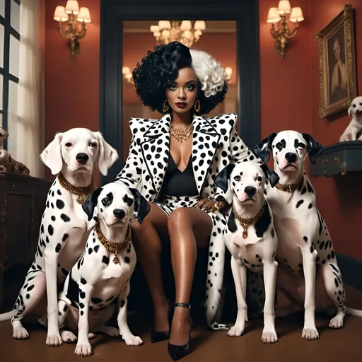 Prompt: Glamour photography of an afrocentric version of Cruella de Vil from 101 dalmations, full body in a vogue diva pose while holding a dalmation puppy with a family of dalmation dogs at her feet, hyper-detailed, hyper-realistic, photorealistic, photography, in the style of Guy Aroch