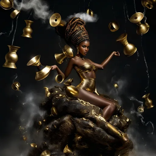 Prompt: beautiful exotic dark skin young african women, hourglass sensual figure , full body pose, looking toward the camara, chemical peel, while laying in bed with thick swirling spools of smoke lingering in the background, hyper realistic, hyper detailed, photorealism, afrocentric, melting liquid shiny gold pouring over various parts of her body dynamic, captured with soft focus and muted colors typical of early film photography, captured with long exposure photography Nikon D850 DSLR camera f/4. ISO 200