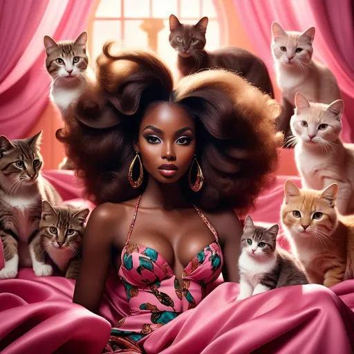 Prompt: Vintage fashion photography of a stunning dark skin African woman, full body, hourglass figure, surrounded by multiple cats, flowing hair, fluffy pink fabric, David LaChapelle style, high contrast, vibrant colors, retro glam, album cover, cinematic lighting, high quality, visual art, exotic beauty, vintage aesthetic, multiple cats, retro fashion, vibrant colors, dramatic composition, cinematic lighting, double exposure