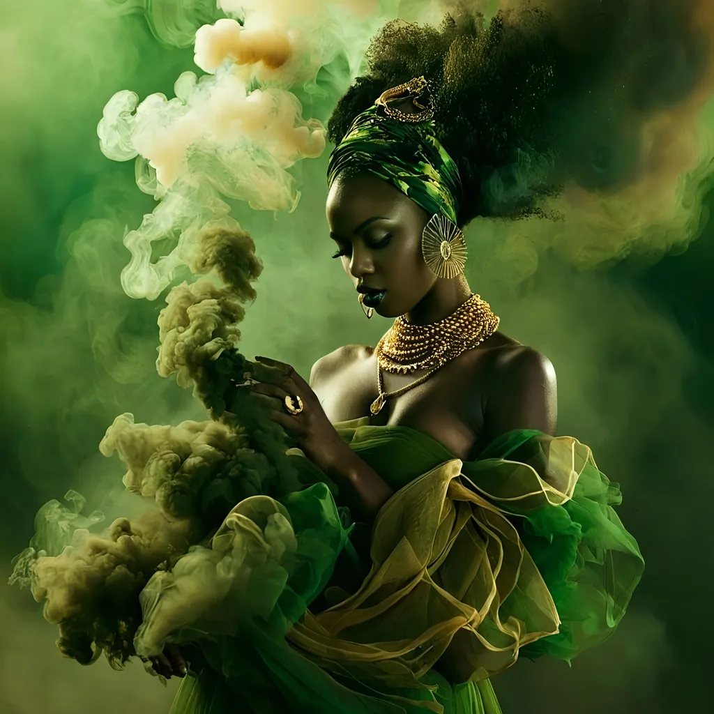 Prompt: <mymodel> divinity, deeply dark skin young beautiful african Woman in green dress, gold necklace, surrounded by smoke, Alberto Seveso, Afrofuturism, airbrush painting, smoke in the air, high detail, misc-gothic, atmospheric lighting, behance HD, Afrofuturism, airbrush painting, green dress, gold necklace, smoky atmosphere