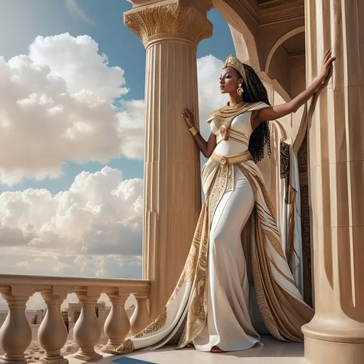 Prompt: Photorealistic matte painting of a Nubian woman, Ann Thetis Blacker, standing on a balcony next to a tall pillar, sky background with clouds, beautiful dress, afrofuturism, Egyptian art, realistic skin tones, detailed facial features, elegant pose, high quality, photorealism, matte painting, afrofuturism, Nubian beauty, elegant dress, detailed surroundings, atmospheric lighting