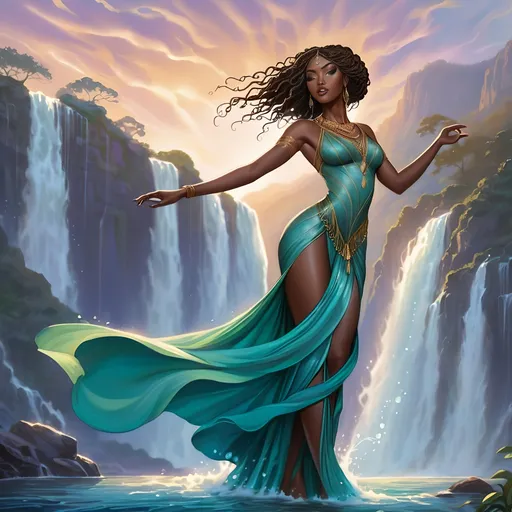 Prompt: Art Nouveau-style illustration of a graceful beautiful young dark skin african woman in a flowing dress, arms outstretched, magical waterfall background, Clint Cearley inspired, fantasy art, Magic the Gathering artwork, concept art, flowing dress, elegant pose, nature elements, high quality, detailed, Art Nouveau, fantasy, magical, waterfall backdrop, graceful, enchanting, detailed hair, professional lighting