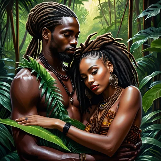 Prompt: Highly detailed digital painting of a handsome African man cradling a beautiful dark-skinned African woman in a jungle setting, wearing dreadlocks, holding hands, inspired by Chinwe Chukwuogo-Roy, photo-film noir style, photorealistic, black arts movement, detailed facial features, lush jungle foliage, romantic atmosphere, professional, detailed textures, rich and deep tones, dramatic lighting