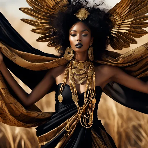 Prompt: <mymodel>African goddess draped in scarves, dancing with the grace of a divinity, gold and black color scheme, majestic dragon draped over her shoulders, photo-film noir style, divine presence, elegant and powerful, intricate gold jewelry, mysterious and captivating, flowing scarves, high contrast lighting, cinematic, luxurious, regal, goddess, dragon, scarves, gold and black, photo-film noir, elegant, powerful, captivating, cinematic lighting