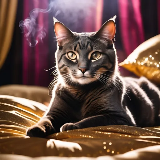 Prompt: exotic african female cat women, cuddling among a pile of silk pillows, showered in glitter, and smoke, hyper realistic, hyper detail, captured with soft focus and muted colors typical of early film photography