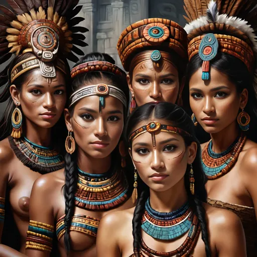 Prompt: create an image of photo of 6 beautiful women from the ancient Mayan tribe, with deep dark hue skin, royal palace mayan ancient, elegant, hyper detailed, realistic