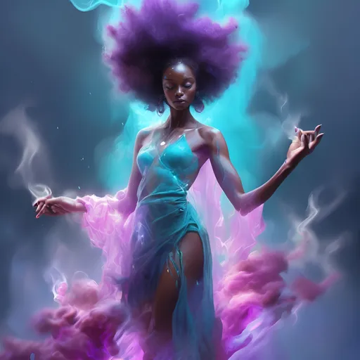 Prompt: a delightful and passionate, female afrocentric changling women full body, DnD influenced style, exploding beautiful aura's of purple, aqua, and magenta raining outward behind her while she is in the process of a magical transformation of her skin complexion and physical body, blue light effects, opacity and translucency, mist and thin whisps of smoke, ghost effectintricate detail, hyper realistic, simple drawing paintbrush style

