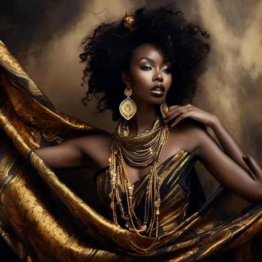 Prompt: <mymodel>African goddess draped in scarves, dancing with the grace of a divinity, gold and black color scheme, majestic dragon draped over her shoulders, photo-film noir style, divine presence, elegant and powerful, intricate gold jewelry, mysterious and captivating, flowing scarves, high contrast lighting, cinematic, luxurious, regal, goddess, dragon, scarves, gold and black, photo-film noir, elegant, powerful, captivating, cinematic lighting