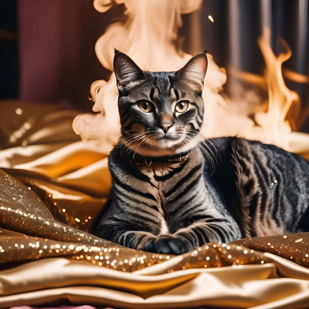 Prompt: exotic african female cat women, cuddling among a pile of silk pillows, showered in glitter, and smoke, hyper realistic, hyper detail, captured with soft focus and muted colors typical of early film photography