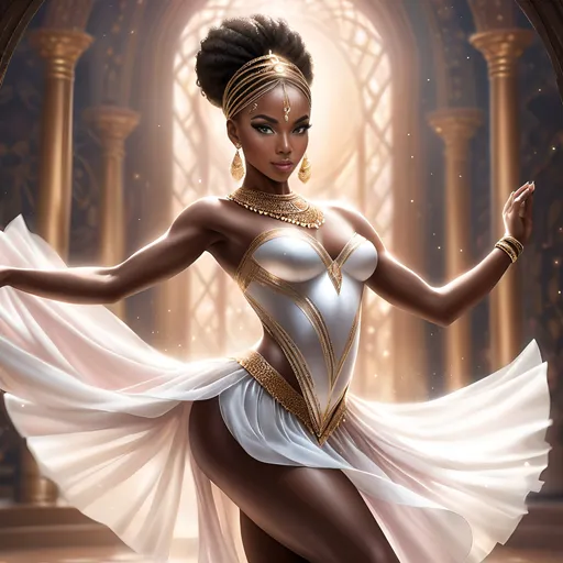 Prompt: Photorealistic depiction of <mymodel> Divinity as a beautiful, dark-skinned African ballerina dancing in motion, mystical background, full-body, hourglass figure, toned physique, elegant ballet pose, high-quality, detailed facial features, mystical atmosphere, 