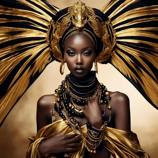 Prompt: <mymodel>African goddess draped in scarves, dancing with the grace of a divinity, gold and black color scheme, majestic dragon draped over her shoulders, photo-film noir style, divine presence, elegant and powerful, intricate gold jewelry, mysterious and captivating, flowing scarves, high contrast lighting, cinematic, luxurious, regal, goddess, dragon, scarves, gold and black, photo-film noir, elegant, powerful, captivating, cinematic lighting