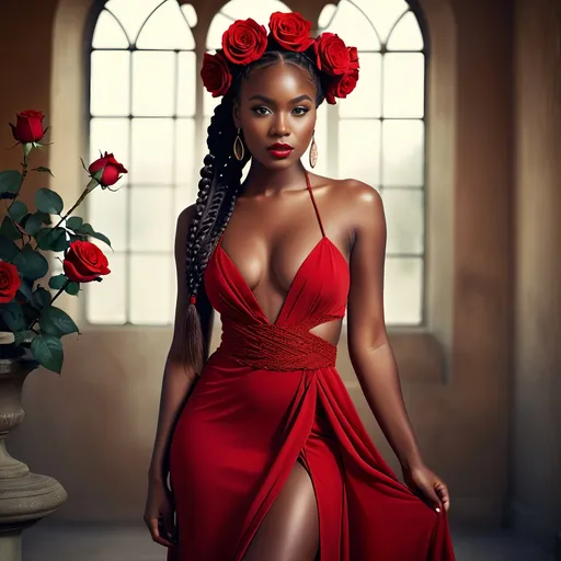 Prompt: Glamour photography a beautiful young african woman with a red dress and a flower in her hair and a red rose in her hair long flowing beautiful goddess braids, full body hourglass figure Bastien L. Deharme, fantasy art, dark fantasy art, a character portrait in the style of Guy Aroch captured with soft focus and muted colors typical of early film photography