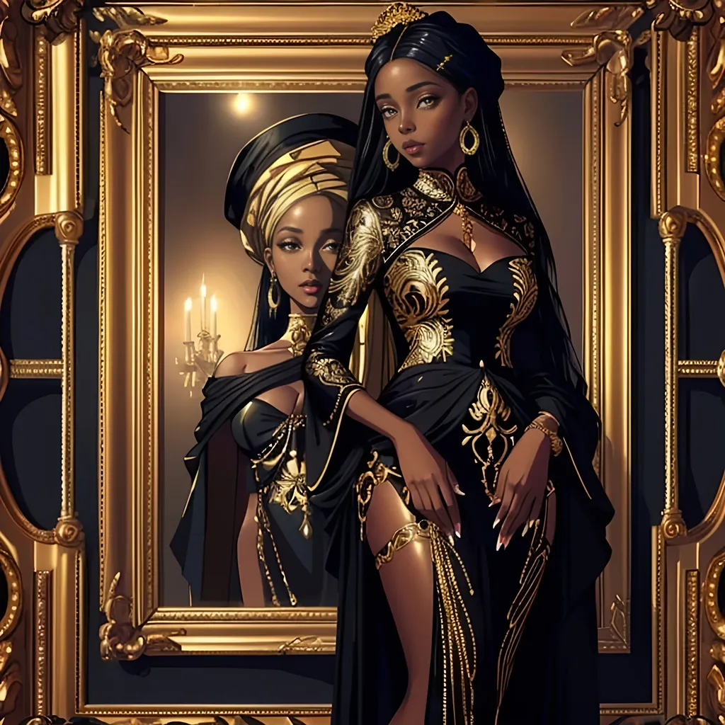 Prompt: Beautiful young African woman in a black dress, gold frame with a mirror, gold frame with a detailed portrait of Chinwe Chukwuogo-Roy, highly detailed digital painting, bronze sculpture, ads-fashion editorial style, elegant, sophisticated, luxurious, detailed facial features, rich color tones, high-end quality, fantasy art, professional lighting